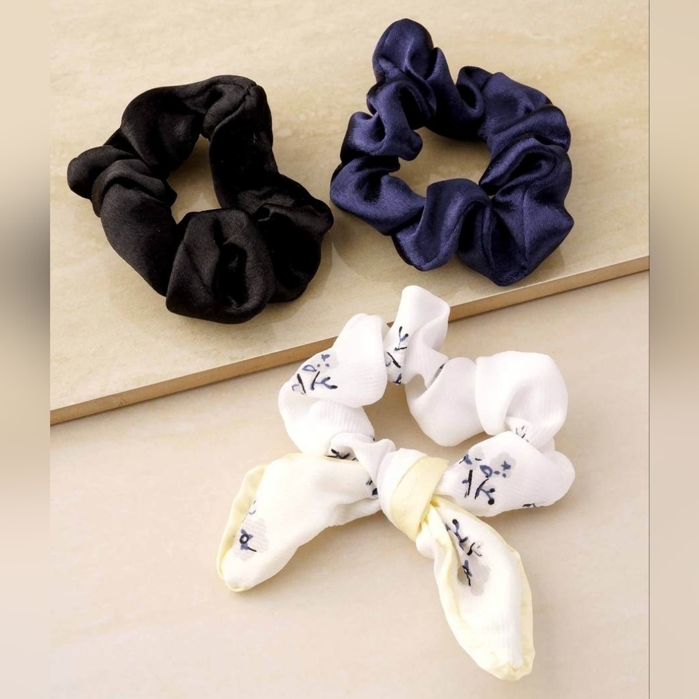 Ettika Set of 3 Cute Black Navy Blue & White/Black Terylene Scrunchies